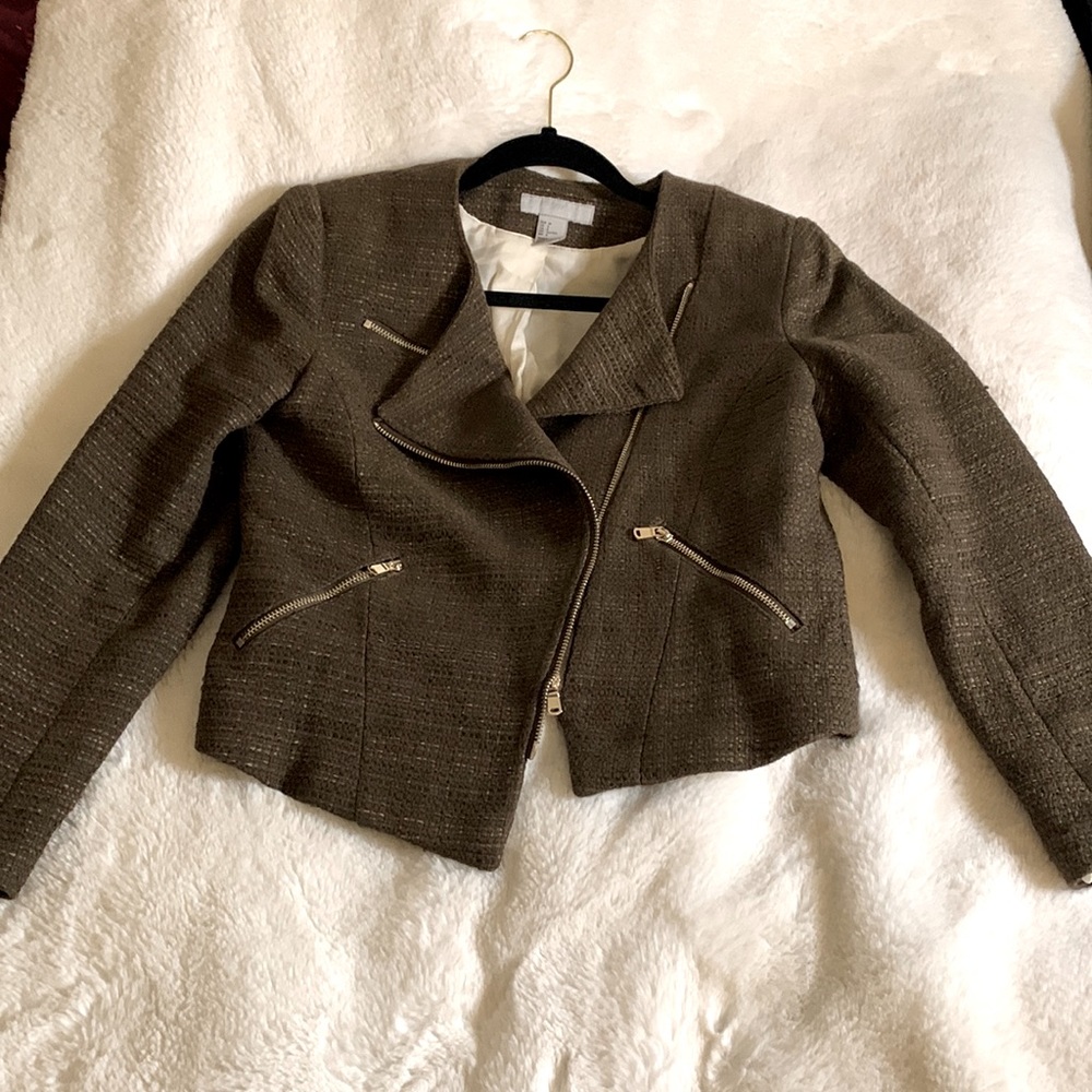 Dark Olive Moto Style jacket with silver zipper detailing and pockets | H&M